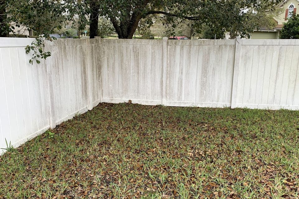 A white vinyl fence stained green and gray along every panel