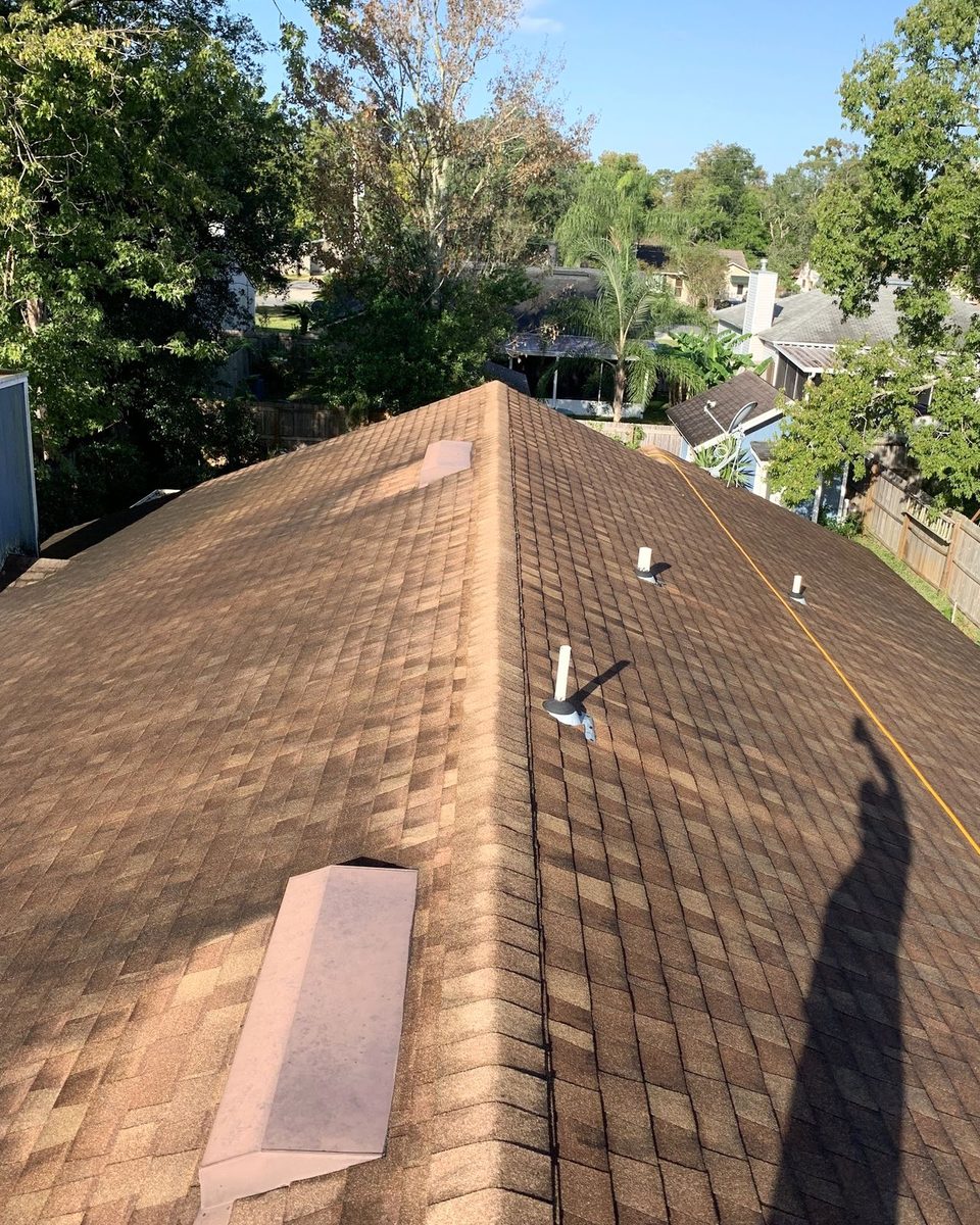 A shingle roof streaked dark with algae around the skylight