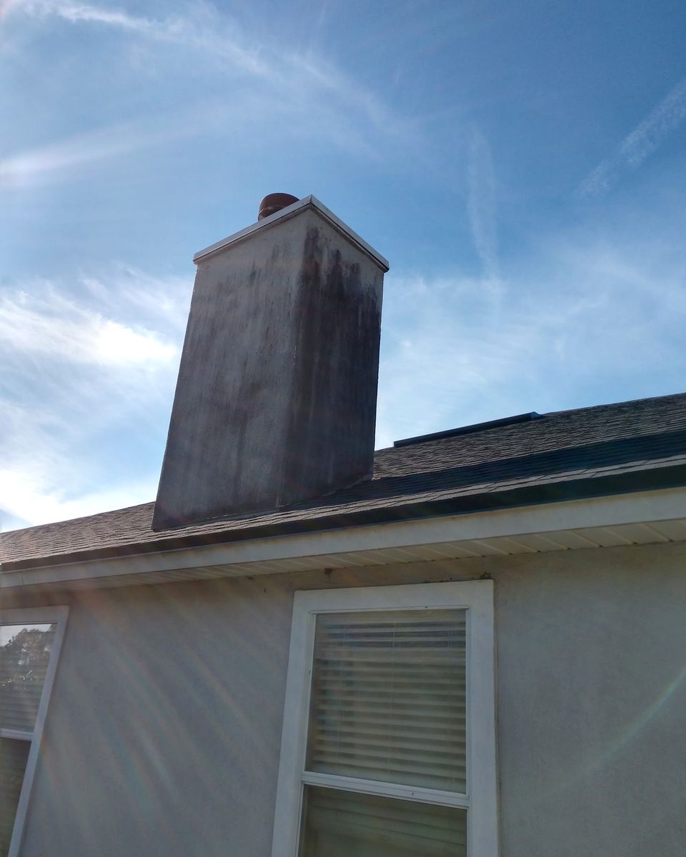 The chimney and siding of a house, dark with mildew