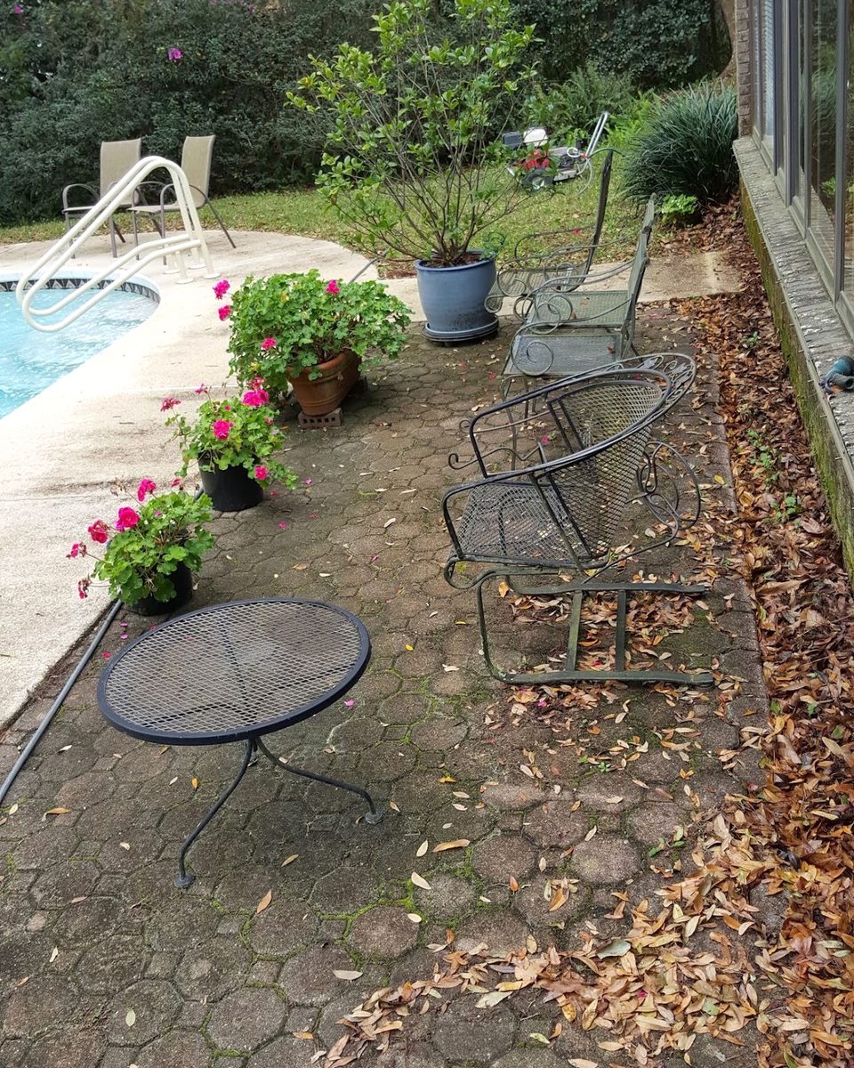 A paver deck beside the pool, dark with mildew and covered in leaves