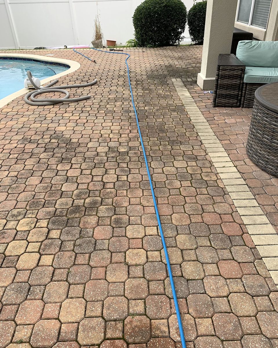 Paver pool deck dark with mildew beside the pool